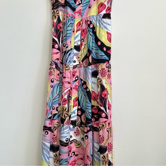 Hale Bob Elbise maxi Dress XS Tropical Floral Tiered Bow Button Down Colorful - Picture 5 of 15
